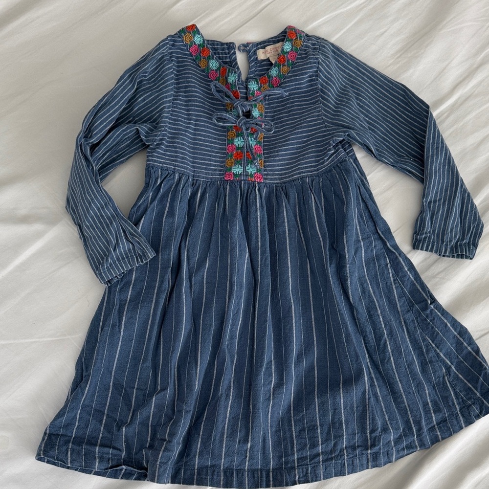 Pink Chicken Blue Striped Dress with Floral Embroidery